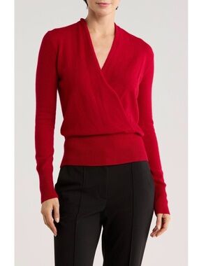 Sofia Cashmere 100% Cashmere Faux Wrap Sweater in Dark Red Size M